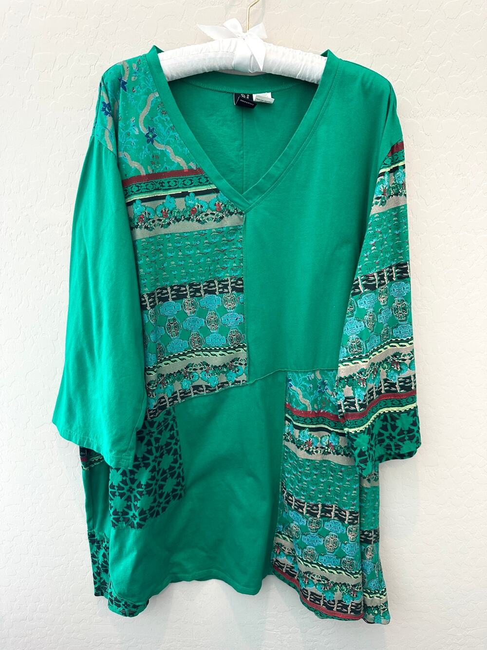 ON THE PLUS SIDE Patchwork Boho Tunic Top Green V Neck Mixed Print Cotton | 2X